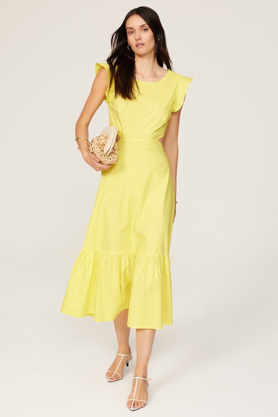 MARISSA WEBB Yellow Poplin Hourglass Side Cutouts Tie Back Midi Dress Size 2